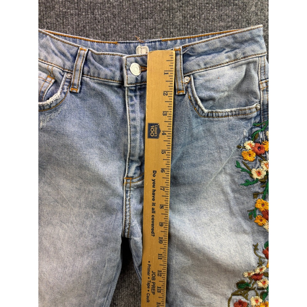 Free People Jeans Womens 27 Blue Floral Bird Embroidered Straight Leg Raw Hem - Picture 5 of 10